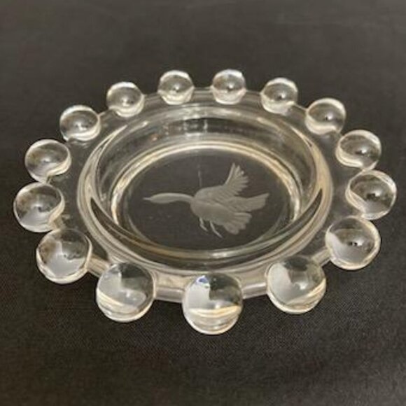 Vitg Beaded Edge Clear Glass Candle Holder Ash Tray Trinket Dish Flying Duck - Picture 1 of 5